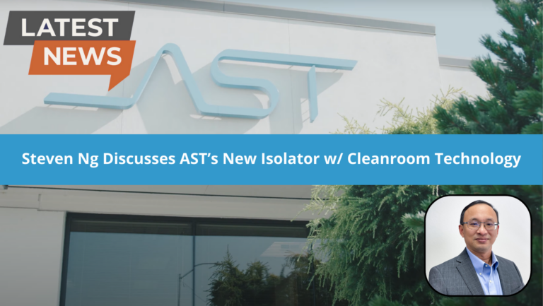 AST headquarters entrance in Tacoma Washington with a headshot image of Steven Ng for the new aseptic processing isolator discussion