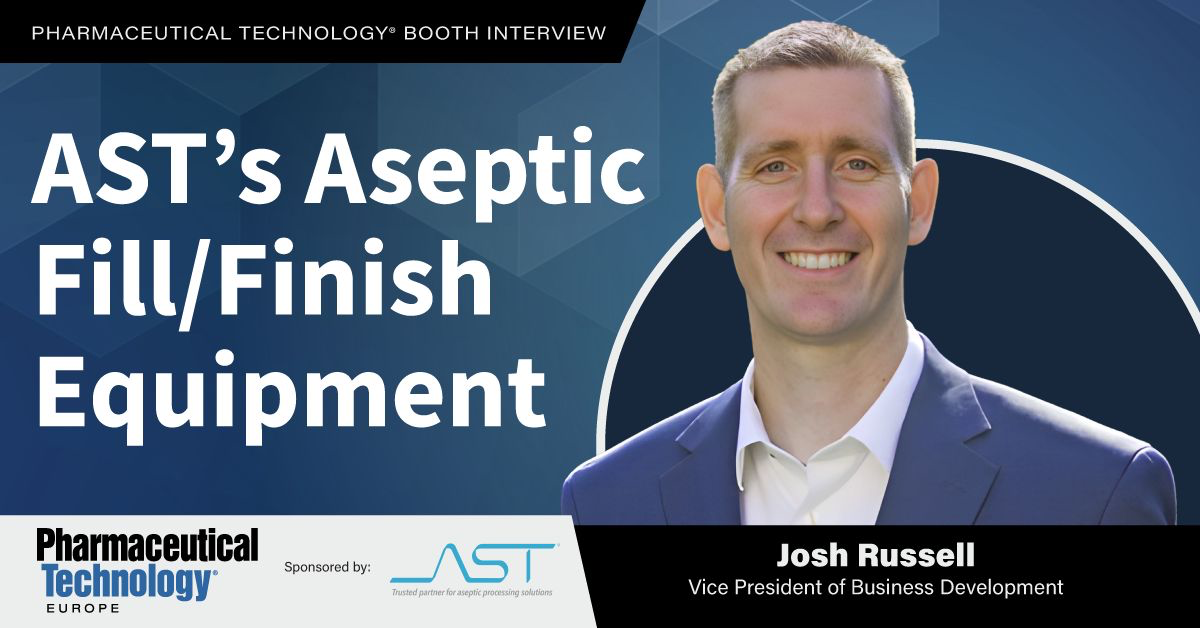 A graphic showing AST’s Josh Russell discussing aseptic fill-finish solutions with pharmaceutical technology