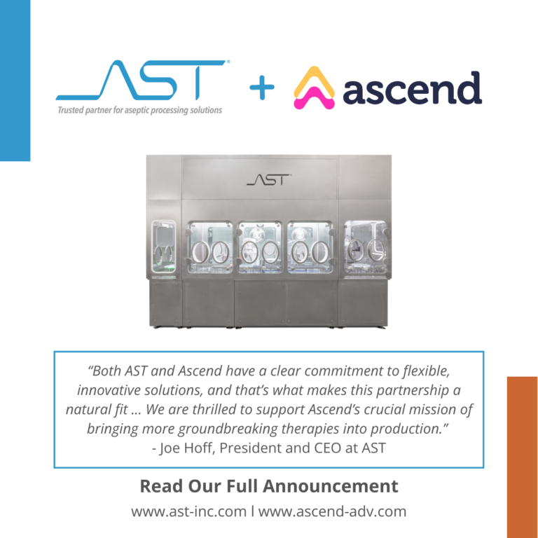 AST and Ascend logos depicting aseptic fill-finish for aav production